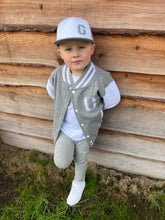 Load image into Gallery viewer, Personalised Children's Embroidered Baseball Jacket. Grey & White