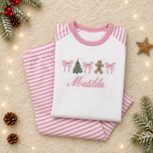 Load image into Gallery viewer, Personalised Children's Embroidered Bow, Tree, Gingerbread Pyjamas