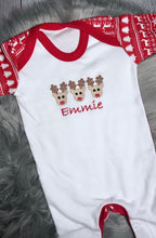 Load image into Gallery viewer, Perosnalised Children&#39;s Embroidered Reindeer Trio Christmas Babygrow.
