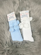 Load image into Gallery viewer, B/Blue Knee High PomPom Socks 0-24M
