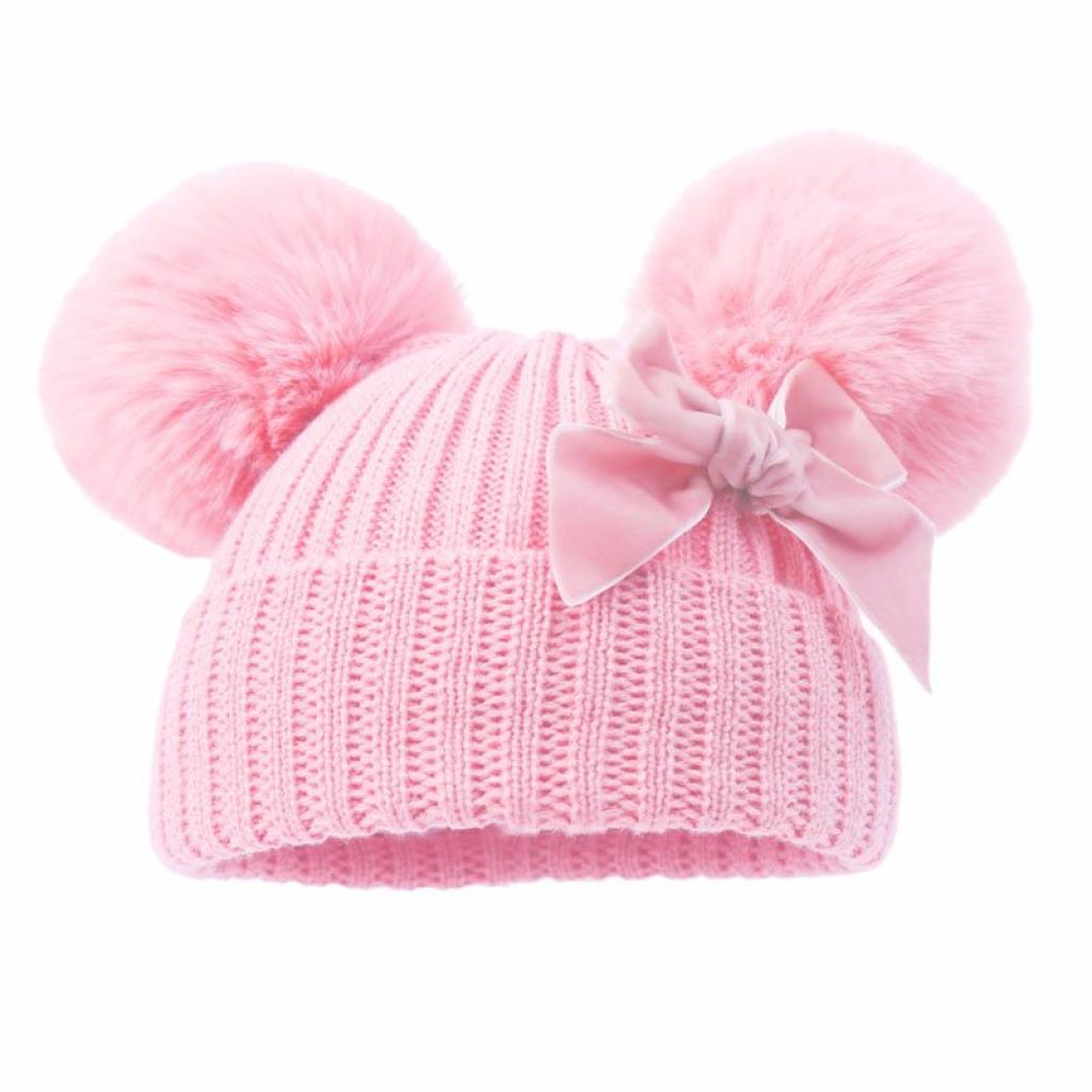 Baby Pink Velvet Bow PomPom Hat NB-12M