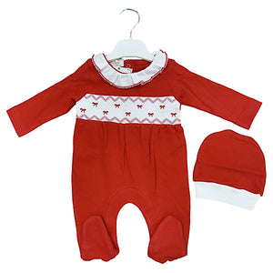 Baby Red and White Bow Smocked Sleepsuit & Hat Set