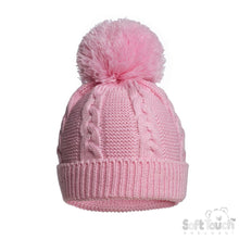 Load image into Gallery viewer, Baby Pink Cable Knit Bobble Hat NB-12M

