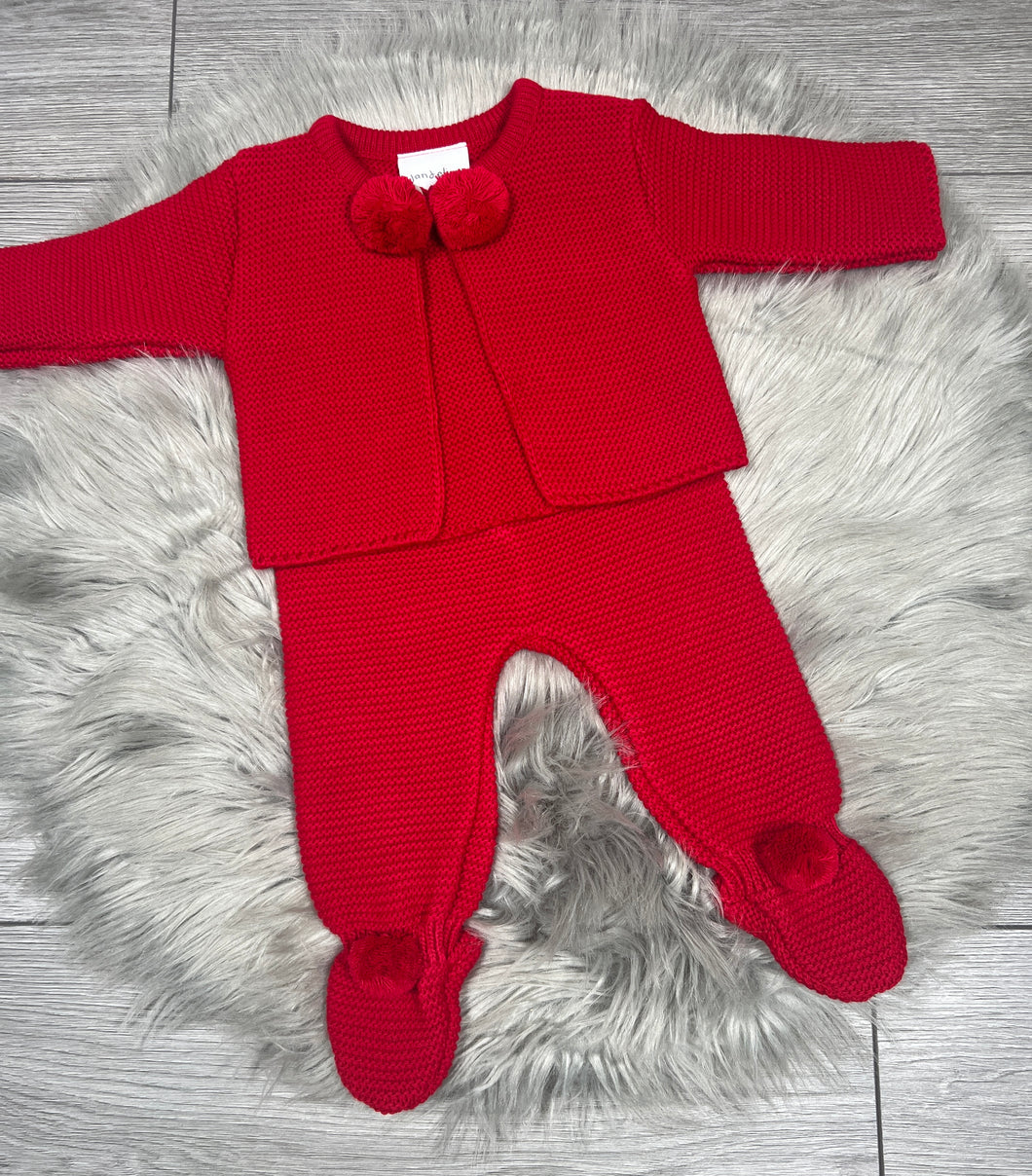 Baby Red Pom Pom knitted 2 piece set