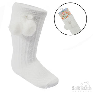 White Knee High PomPom Socks 0-24M