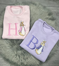 Load image into Gallery viewer, Personalised Children&#39;s Embroidered Initial Peter Rabbit Pastel Jumper/Sweatshirt.
