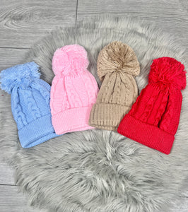 Baby Pink Cable Knit Bobble Hat NB-12M