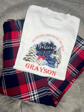 Load image into Gallery viewer, Personalised Children&#39;s Christmas Tartan Polar Express Train Pyjamas.
