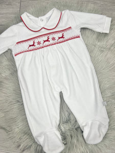 Children's/Baby Leaping Reindeer Velour Sleepsuit White/Red