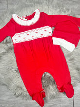 Load image into Gallery viewer, Baby Red and White Bow Smocked Sleepsuit &amp; Hat Set
