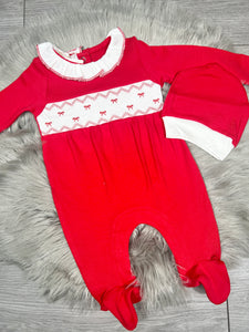 Baby Red and White Bow Smocked Sleepsuit & Hat Set