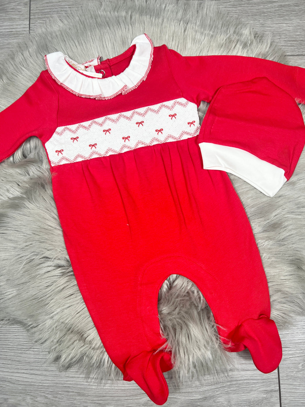 Baby Red and White Bow Smocked Sleepsuit & Hat Set