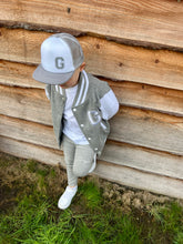 Load image into Gallery viewer, Personalised Children's Embroidered Baseball Jacket. Grey &amp; White
