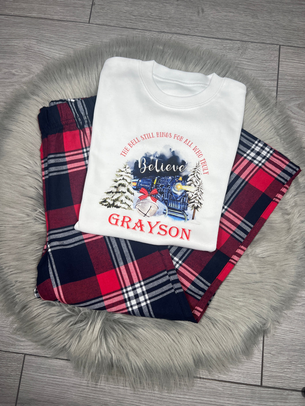 Personalised Children's Christmas Tartan Polar Express Train Pyjamas.