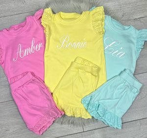 Personalised Children's Embroidered Frill Short Set.
