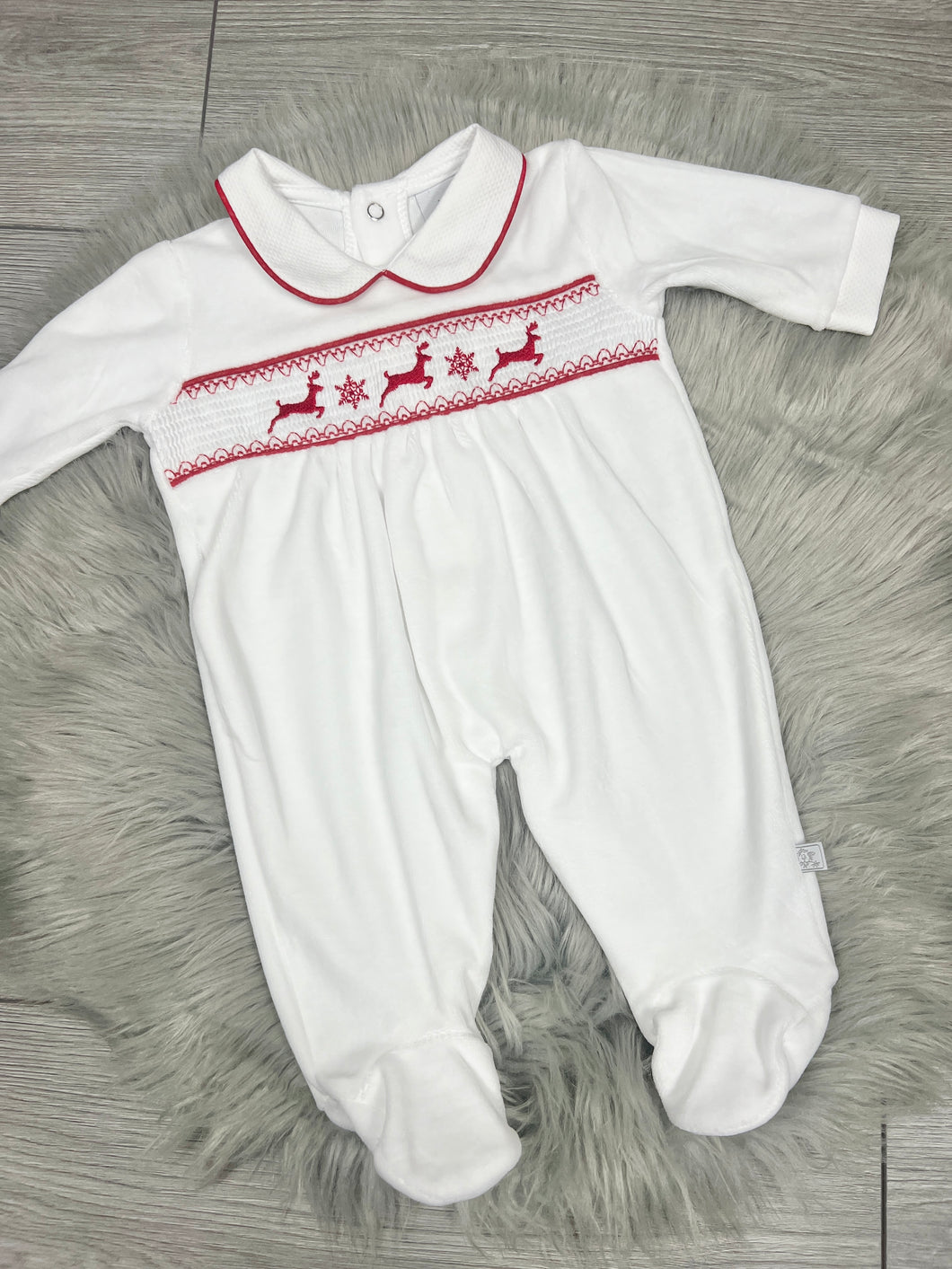 Children's/Baby Leaping Reindeer Velour Sleepsuit White/Red