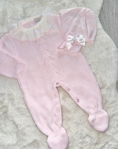 Pink Knitted Onesie and Bonnet