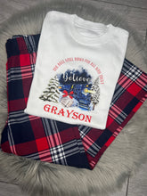 Load image into Gallery viewer, Personalised Children&#39;s Christmas Tartan Polar Express Train Pyjamas.
