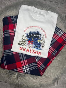 Personalised Children's Christmas Tartan Polar Express Train Pyjamas.