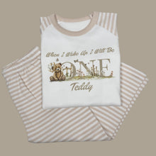 Load image into Gallery viewer, Personalised Children's Teddy Nude Stripe Birthday Pyjamas
