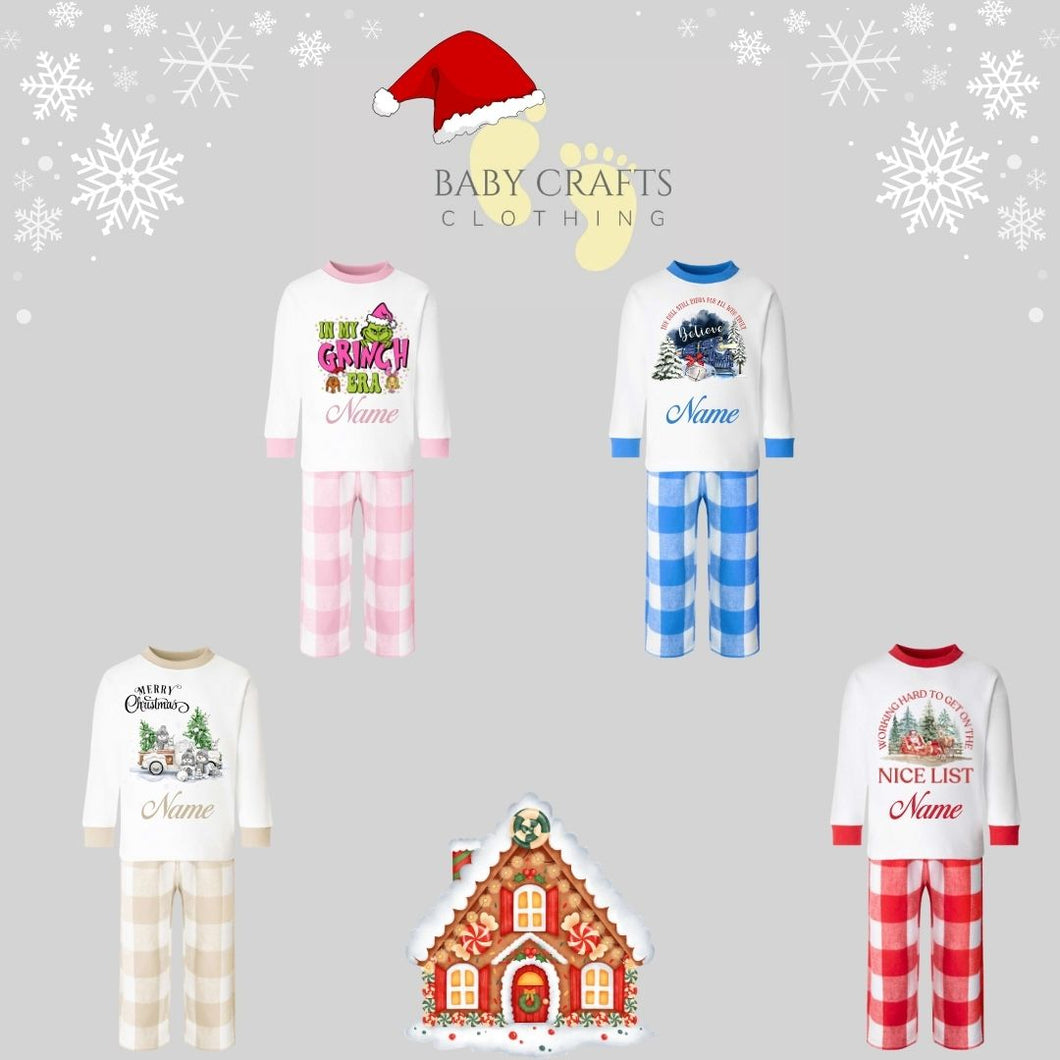 Personalised Children's Christmas Slogan Check Pyjamas.