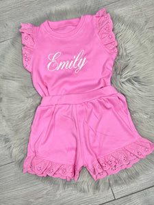 Personalised Children's Embroidered Frill Short Set.