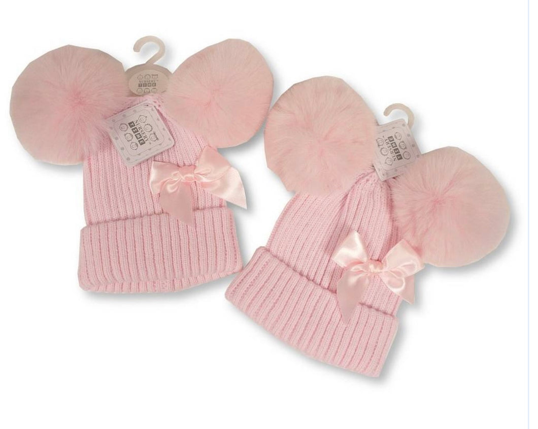 Pink Bow Double Pom Pom Hat