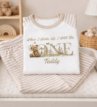 Load image into Gallery viewer, Personalised Children's Teddy Nude Stripe Birthday Pyjamas

