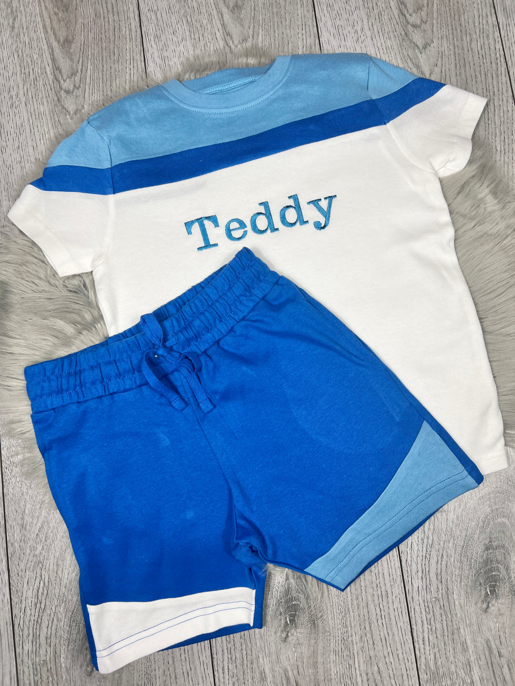 Personalised Children's Block Short Set In Blue/White