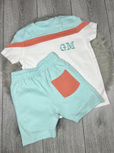 Load image into Gallery viewer, Personalised Children&#39;s Block Short Set In Eggshell Blue/Peach
