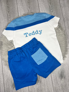 Personalised Children's Block Short Set In Blue/White