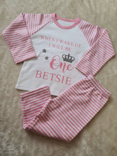 Load image into Gallery viewer, Personalised Children&#39;s Birthday Pink Stripe Pyjama&#39;s. ( Various Designs) - BabyCraftsUK
