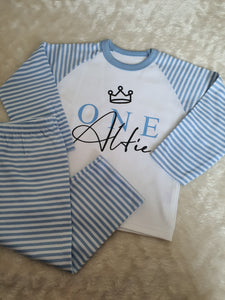 Personalised Children's Birthday Blue Stripe Pyjama's. ( Various Designs) - BabyCraftsUK