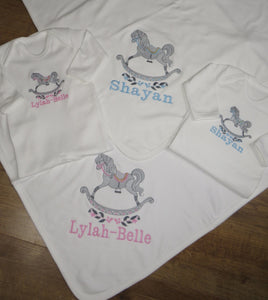 Personalised Embroidered Rocking Horse Baby Bundle