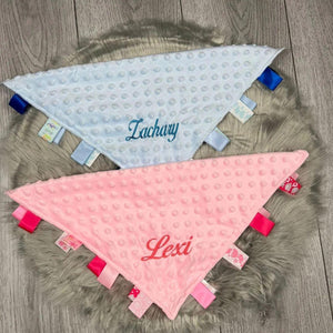 Personalised Baby Taggie Comforter. Pink/Blue
