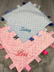 Personalised Baby Taggie Comforter. Pink/Blue