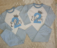 Load image into Gallery viewer, Personalised Children&#39;s Birthday Blue Stripe Pyjama&#39;s. ( Various Designs) - BabyCraftsUK
