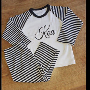 Personalised Children's Embroidered Stripe Pyjama's. Available in Pink,Blue,Grey.