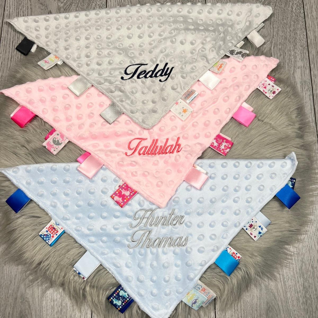 Personalised Baby Taggie Comforter. Pink/Blue