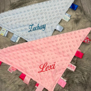 Personalised Baby Taggie Comforter. Pink/Blue