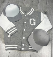 Load image into Gallery viewer, Personalised Children's Embroidered Baseball Jacket. Grey &amp; White
