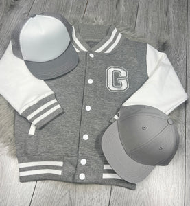 Personalised Children's Embroidered Baseball Jacket. Grey & White