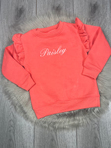 Personalised Children's Embroidered Frill Sweatshirt. Coral