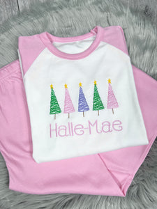 Personalised Embroidered Pink Tree Christmas Pyjamas