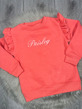 Load image into Gallery viewer, Personalised Children&#39;s Embroidered Frill Sweatshirt. Coral
