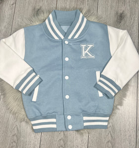 Personalised Children's Embroidered Baseball Jacket. Blue & White