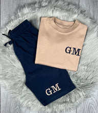 Load image into Gallery viewer, Personalised Children&#39;s Embroidered Oatmeal &amp; Navy Short Set.
