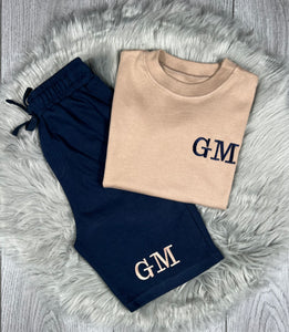 Personalised Children's Embroidered Oatmeal & Navy Short Set.