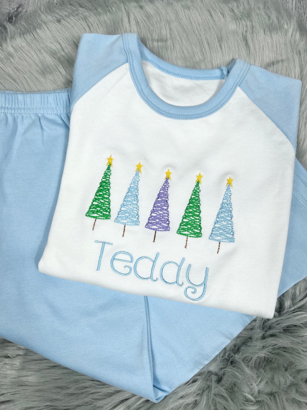 Personalised Embroidered Blue Tree Christmas Pyjamas