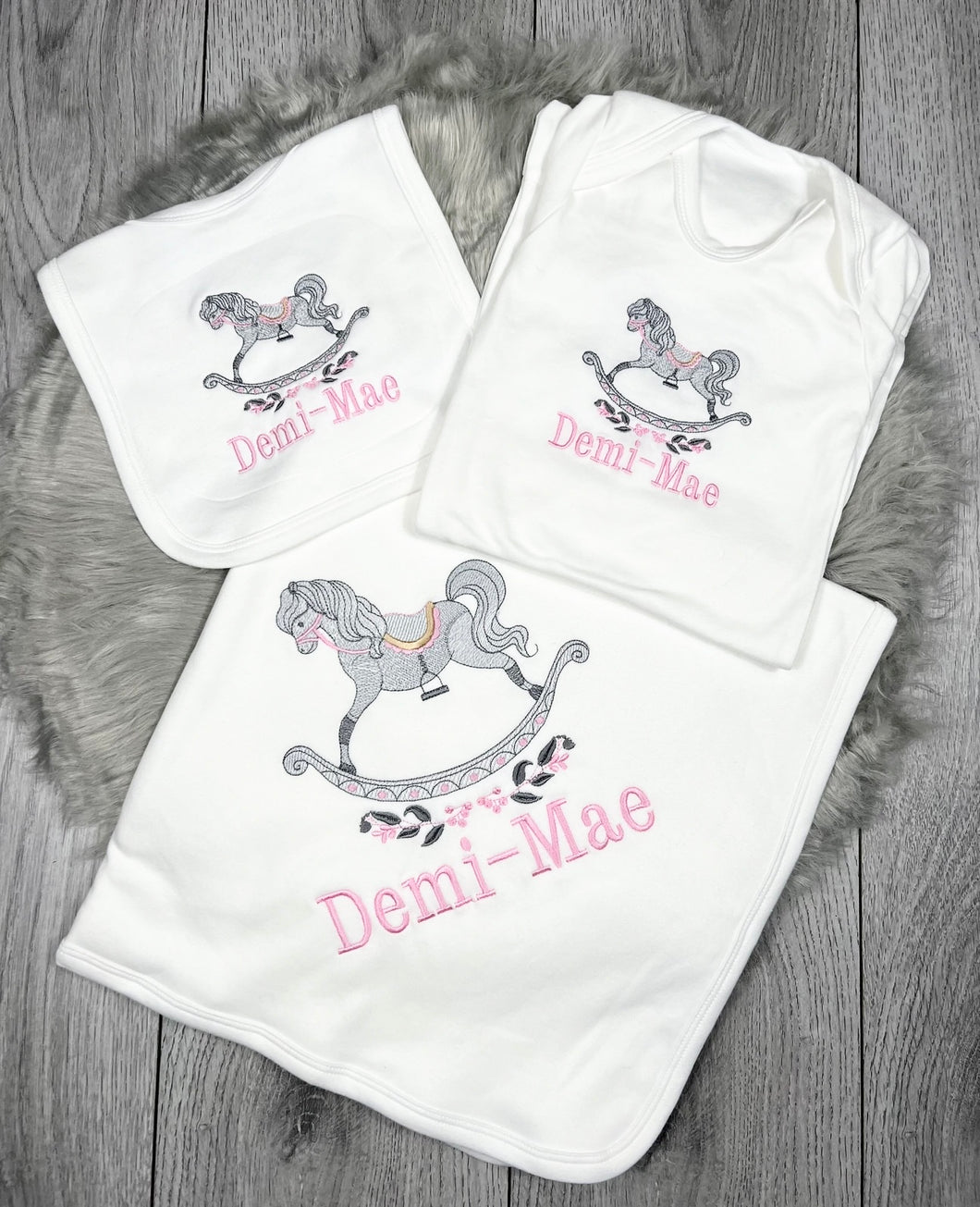 Personalised Embroidered Rocking Horse Baby Bundle